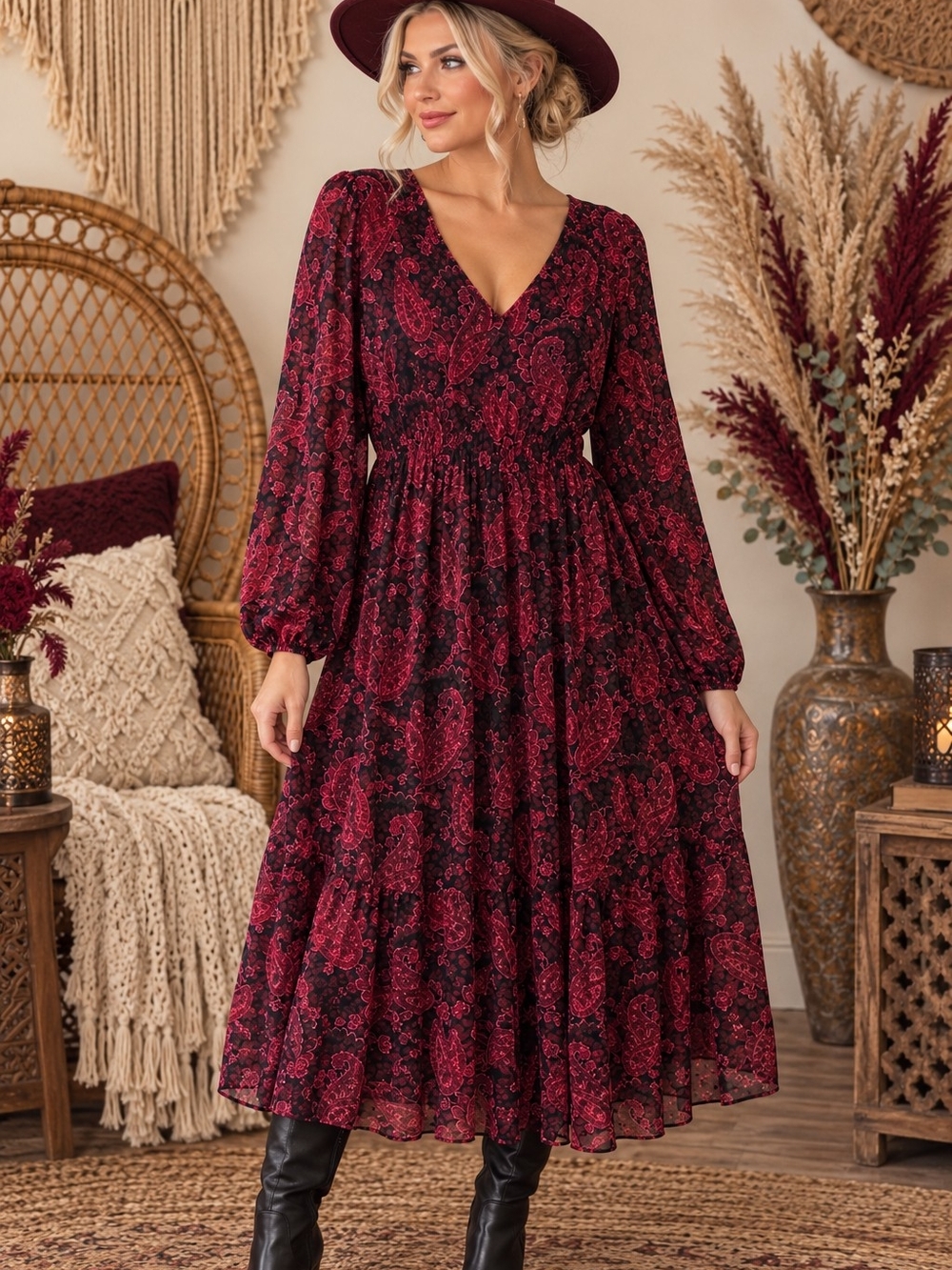 torrid Burgundy Paisley V‑Neck Maxi Dress
